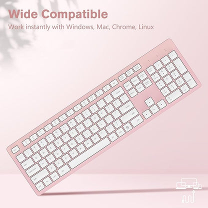 LeadsaiL Pink Wireless Keyboard, 2.4GHz Full-Sized Ergonomic Computer Keyboard, Cordless Noiseless Keyboard,12 FN Shortcuts for Windows MacOS Laptop Computer
