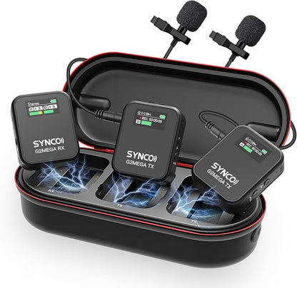 SYNCO Wireless Microphone System with Charging Case, G2A2 MEGA Dual Transmitter 8GB Storage of 24H 656ft Video Recording Streaming for Camera/Phone/PC/Laptop, Wireless-Lav-Mic-for-Camera