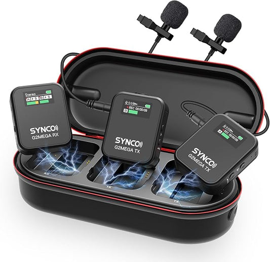 SYNCO Wireless Microphone System with Charging Case, G2A2 MEGA Dual Transmitter 8GB Storage of 24H 656ft Video Recording Streaming for Camera/Phone/PC/Laptop, Wireless-Lav-Mic-for-Camera