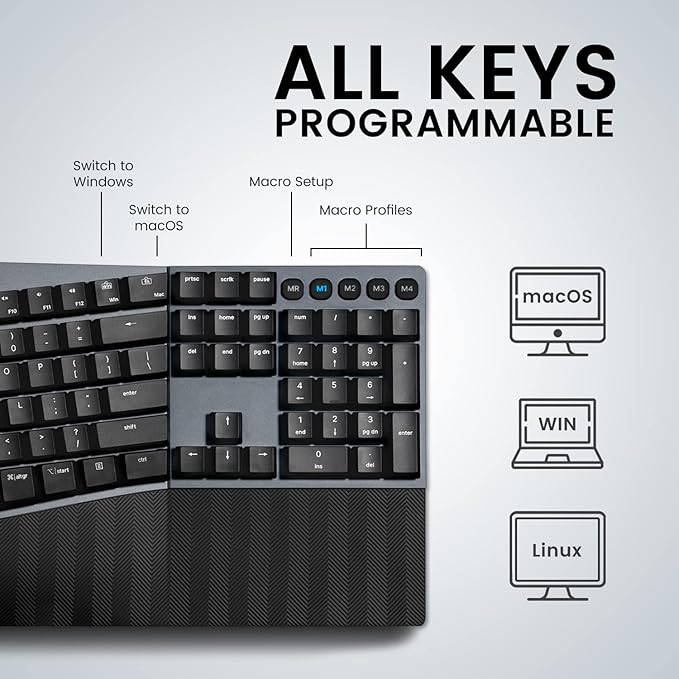 Perixx PERIBOARD-535BR Wired Ergonomic Mechanical Split Keyboard - Low-Profile Brown Tactile Switches - Programmable Feature with Macro Keys - Compatible with Windows and Mac OS X - US English, Black