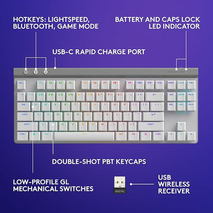 Logitech G515 Lightspeed TKL Low Profile Wireless Gaming Keyboard, LIGHTSYNC RGB, Thin Tenkeyless Design, Double-Shot PBT Keycaps, Linear (Red) Mechanical Switches - White