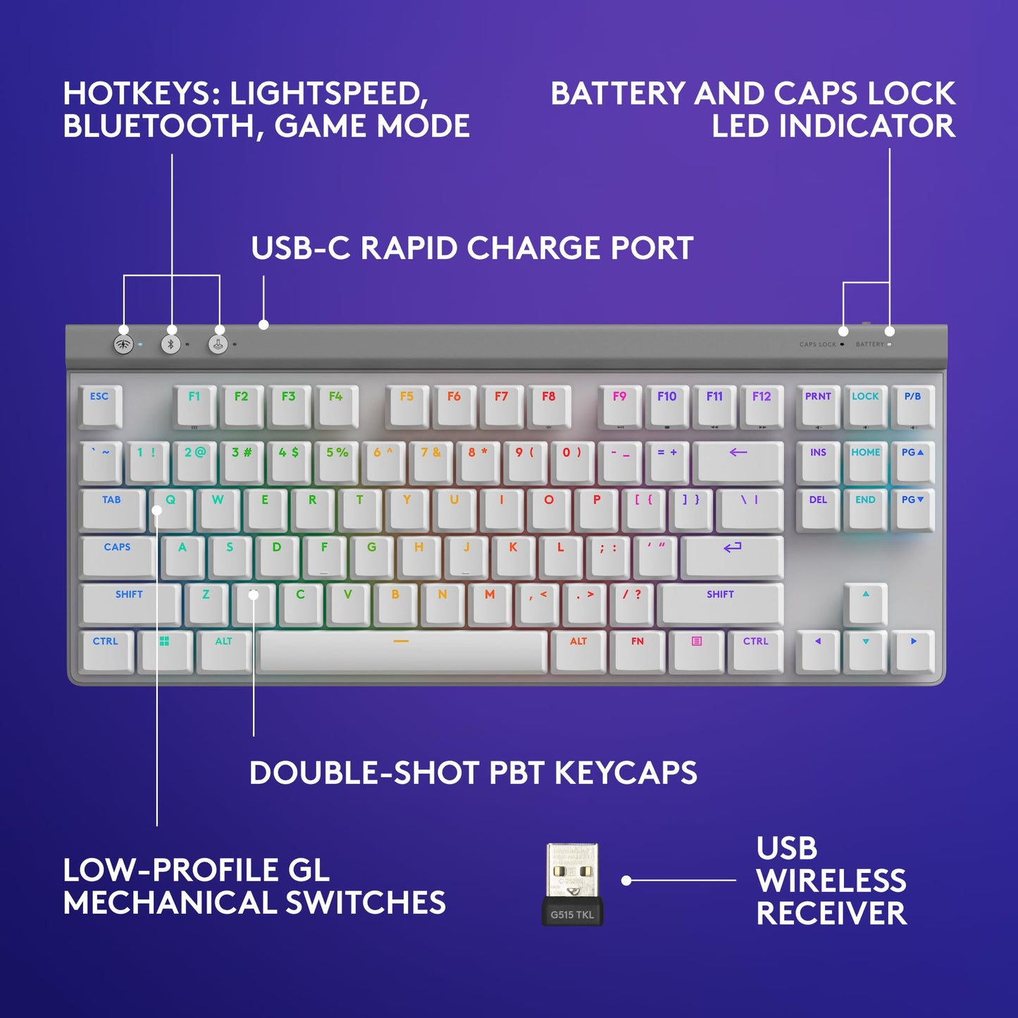 Logitech G515 Lightspeed TKL Wireless Gaming Keyboard (Tactile) - White