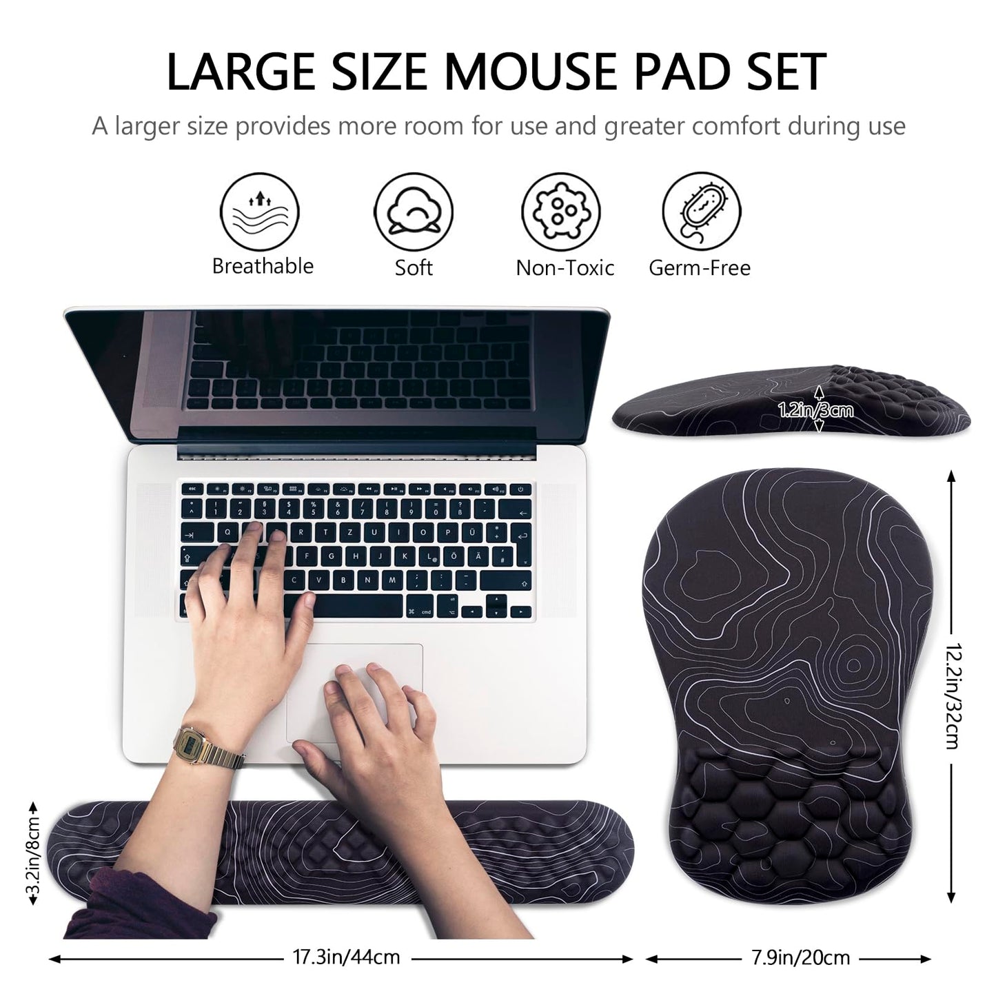 Mouse Pad Wrist Support, Laokiiy 2 in1 Keyboard Wrist Rest+ Ergonomic Mouse Pad, Non-Slip Wrist Rest for Computer Keyboard, Made Easy Typing & Relieve Wrist Pain(Black White)