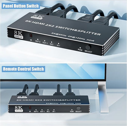 2x2 HDMI Switch Splitter, HDMI 2.1 Switcher 2 in 2 Out 8K@60Hz 4K@120Hz, w/IR Remote Control, Supports HDCP 2.3 HDR, HDR10, HDR 10+, 3D