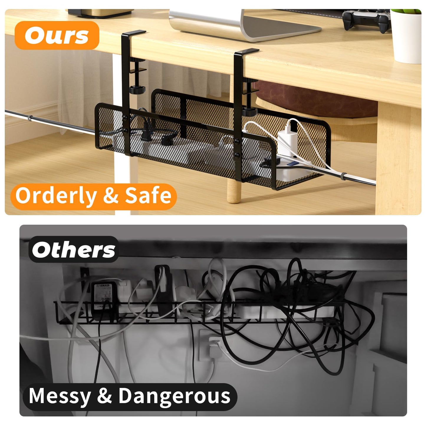 Under Desk Cable Management Tray, Wire Management Desk Cable Organizer Cable Management Box, Cord Organizer Storage for Office