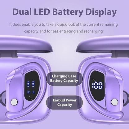 bmanl Wireless Earbuds Bluetooth Headphones 48hrs Play Back Sport Earphones with LED Display Over-Ear Buds with Earhooks Built-in Mic Headset for Workout Purple