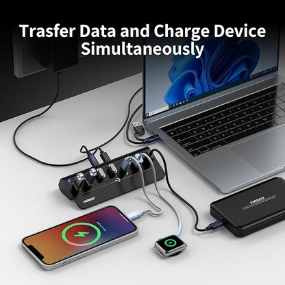 FIDECO Powered USB Hub, 7 Port USB 3.2 Gen 2, 10Gbps Fast Data Hub for iPhone 16/15 and Laptop, Aluminum USB Splitter with 5V 3A Power Adapter, 4 USB-A and 3 USB-C Ports, Support BC1.2 Charging