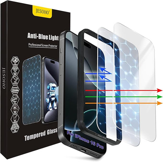 JESOHO Screen Protector for iPhone 16 Pro[6.3 Inch],3RD Colorless Anti-Blue Light Tempered Glass Films,HD Clear, 9H Hardness, No Bubbles, Case Friendly 2 Pack