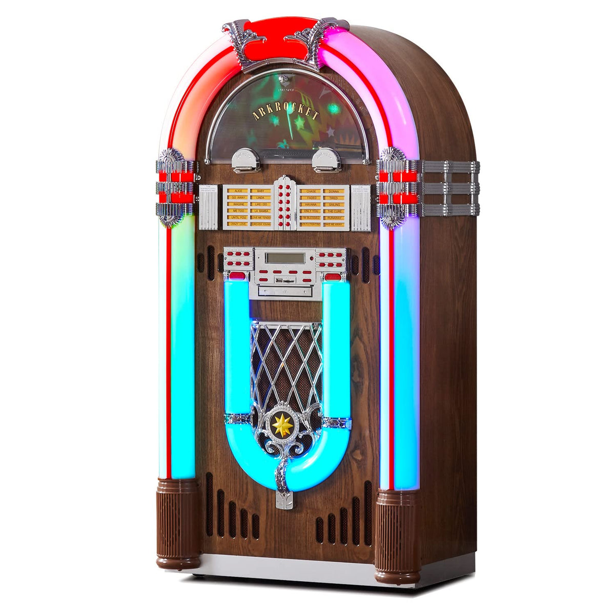 Arkrocket Saturn V Full Size Jukebox Vinyl Record Player Bluetooth USB SD CD Player Radio Retro Turntable Classic Jukebox 51 inch (Saturn V - Dark Oak)