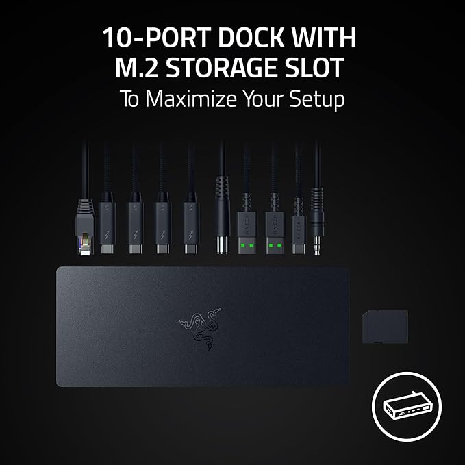 Razer Thunderbolt 5 Dock Chroma: 10 Ports w/M.2 Storage Slot - Triple 4K Displays at 144 Hz or Single 8K at 60 Hz - Thunderbolt Share Enabled - 140W Power Delivery - Connect 3 TB5 Devices - Black