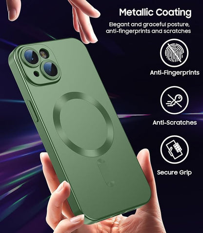 Magnetic for iPhone 15 Case [Compatible with MagSafe][Built-in Camera Lens Protector] Slim Soft Silicone Bumper Shockproof Metallic Shine Phone Case (Green)