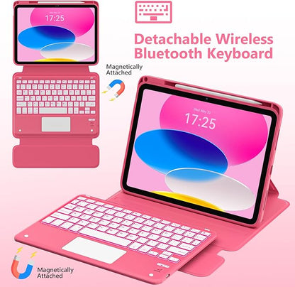 Touchpad for iPad A16 11th/10th Generation Case with Keyboard, 7 Color Backlit 360 Rotation Cover with Pencil Holder,Detachable Keyboard for iPad 11 inch 2025/10th Gen 10.9'' 2022 (Watermelon Red)
