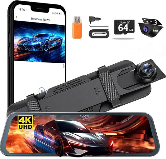 Mirror Dual Dash Camera for Car, Dashcam 4K Front 2.5K IMX335 Rear View/ADAS BSD LCA Wi-Fi&APP WDR Night Vision G-Sensor Loop Recording Parking Monitor 64GB Card