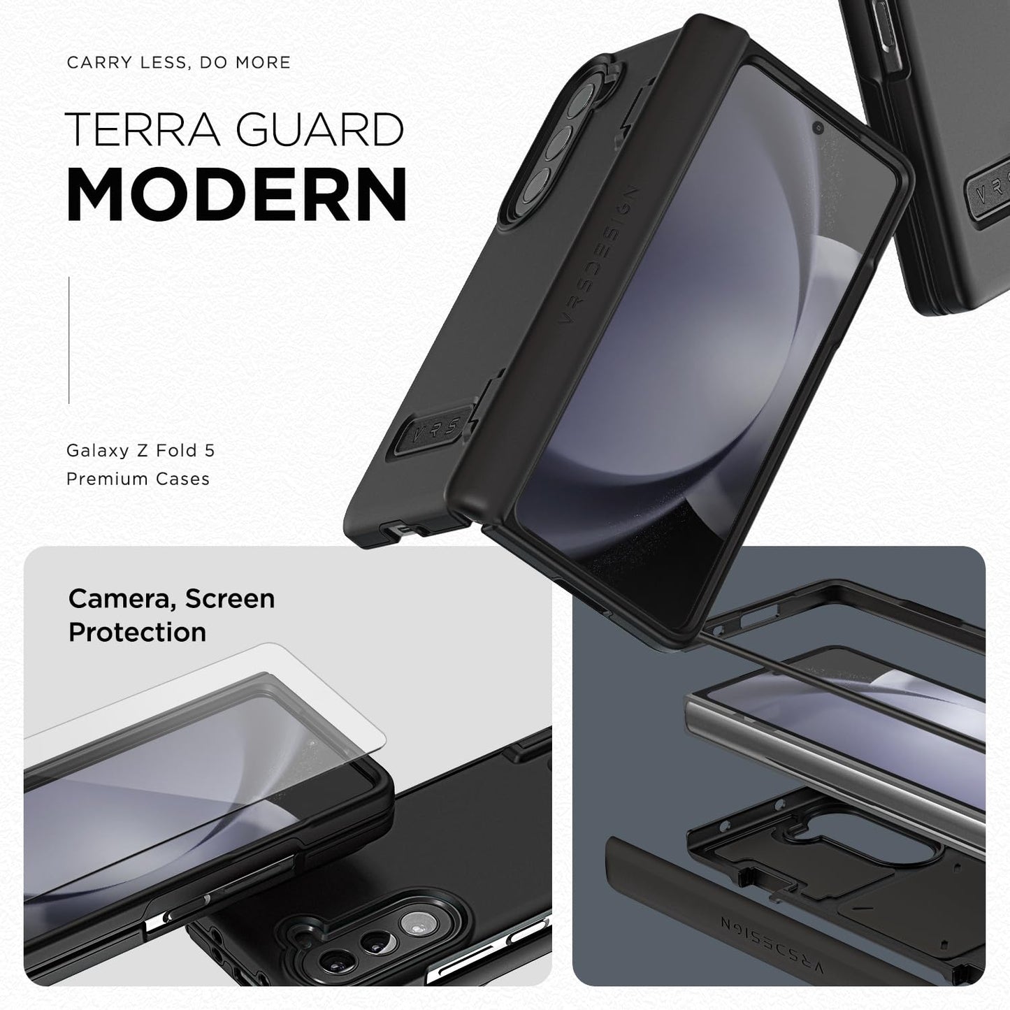 VRS DESIGN Phone Case for Galaxy Z Fold 5 5G (2023) [Terra Guard Modern], Premium Modern Neat Style Case [Anti Scratch Spring-Loaded Hinge Protection] with Screen Protector (Matte Black/Renewed)