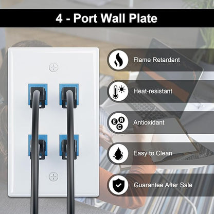 FGB 4-Port Keystone Wall Plate 20-Pack, Low-Profile Single Gang Wall Plates for RJ45, HDMI, and Coax Keystone Inserts, White