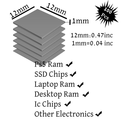 100 Pcs Pre-Cut Thermal Pads for Game Consoles, PS5 Ram, Memory, Computer Rams, Laptop IC Chips, Mosfets Coils Wide Applicable Pack of 100 / 12x12x1mm