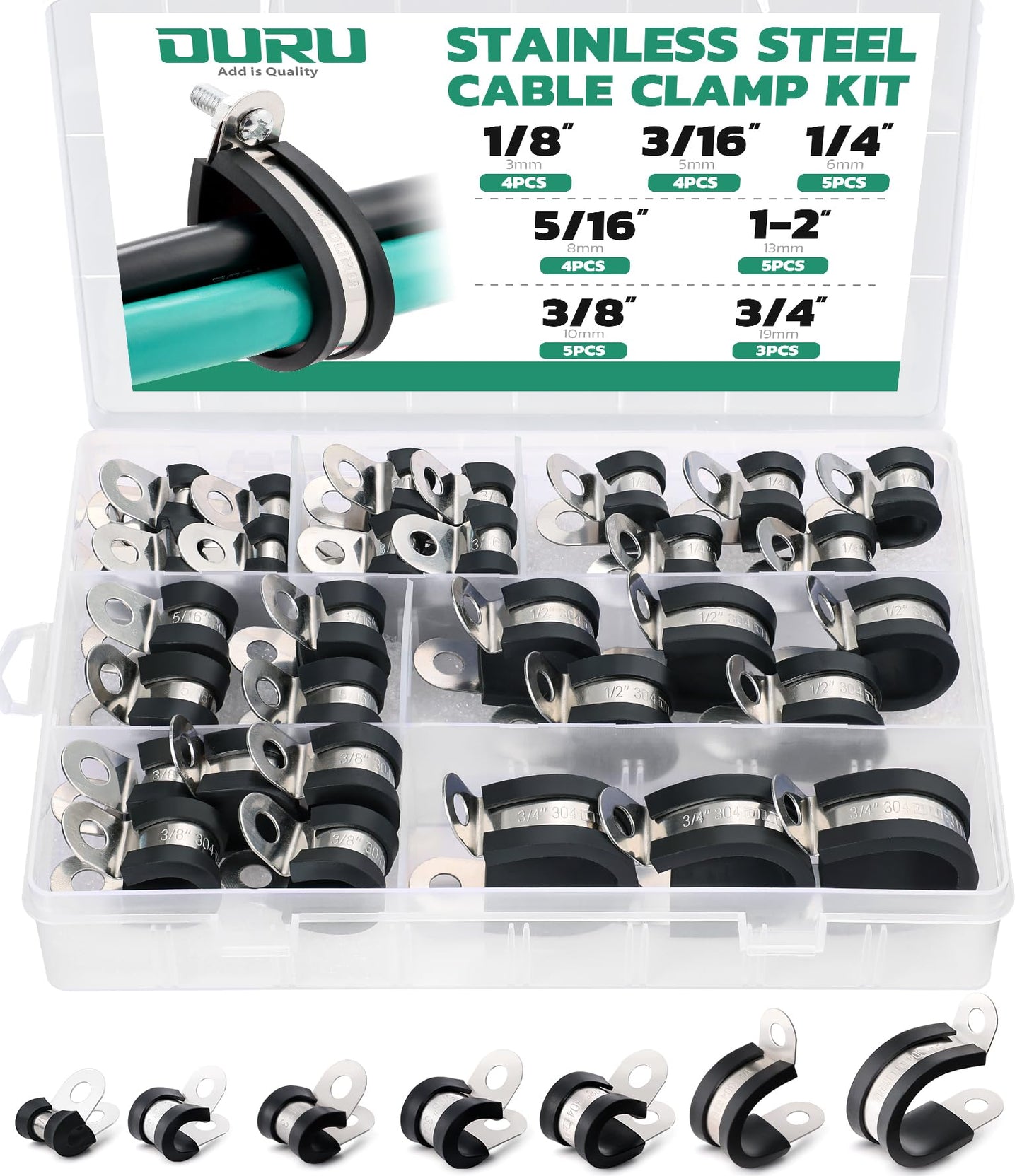 OURU 30PCS Cable Clamps Assortment Kit,Rubber Coated, 1/8"-3/4" 7 Sizes
