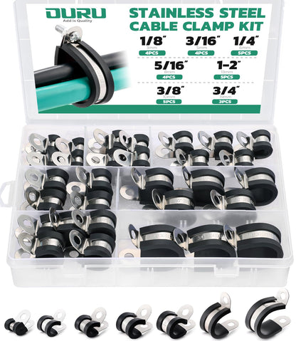 OURU 30PCS Cable Clamps Assortment Kit,Rubber Coated, 1/8"-3/4" 7 Sizes