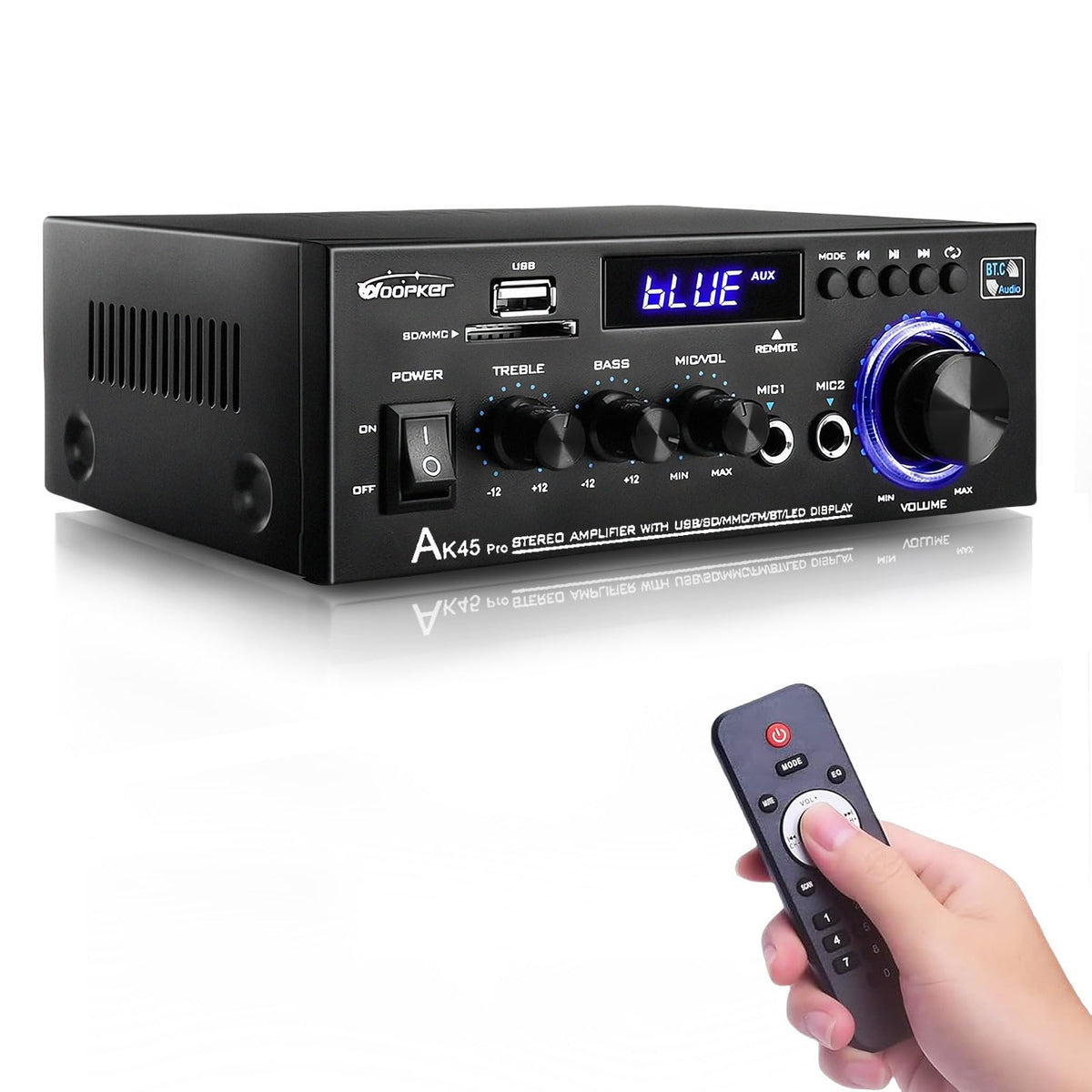AK55 Stereo Amplifier Home Audio, Bluetooth 5.0 Max 600W Power Stereo Receivers 2.0 Channel Audio Amplifier for Speaker W/Remote Control/AUX/RCA/Echo/USB/2 MIC in for Home Party, Karaoke