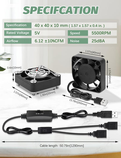 AmRunJe 40mm USB Fan 2pcs, 5V Mini Cooling Brushless Fan with Speed Control
