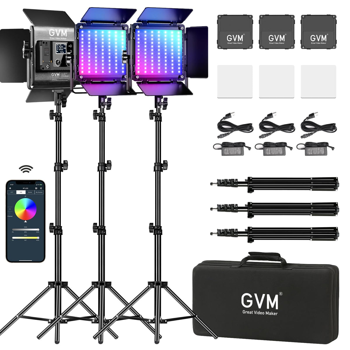 GVM RGB LED Video Lighting Kit, 800D Studio Video Lights with Panel, APP Control for YouTube Photography Lighting,, 3200K-5600K, 8 Kinds of The Scene Lights, 3 Packs