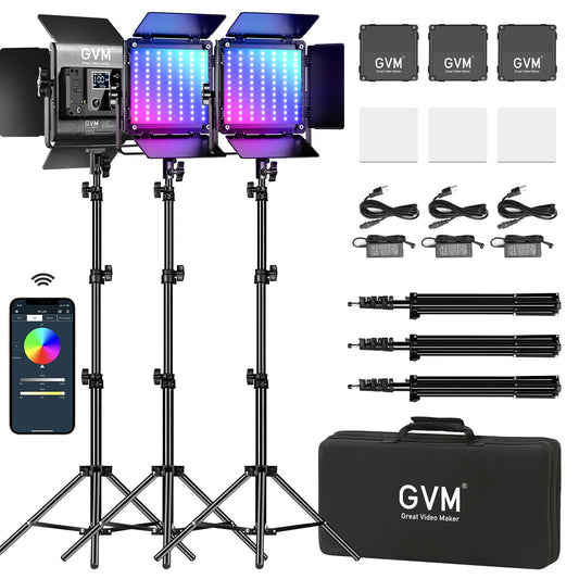 GVM RGB LED Video Lighting Kit, 800D Studio Video Lights with Panel, APP Control for YouTube Photography Lighting,, 3200K-5600K, 8 Kinds of The Scene Lights, 3 Packs