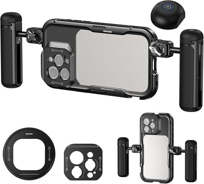 NEEWER 16 Pro Max Cage with Two Quick Release Side Handles, Phone Video Rig Kit with 67mm Filter Adapter, 17mm Lens Mount, T Mount Lens Adapter Compatible with iPhone 16 Pro Max (PA074+PA045E+PA045B)