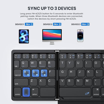 Foldable Bluetooth Keyboard, Portable Full Size Folding Keyboard with Large Touchpad, Numeric Keypad, PU Leather, Wireless TravelKeyboard for Windows Android Mac(Sync up to 3 Devices)
