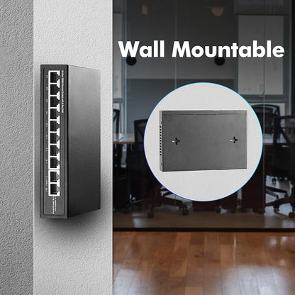 10 Port Mini PoE Switch with 8 PoE+, 2 Uplink, 10/100Mbps Ethernet, 120W 802.3af/at PoE, Fanless Metal Plug & Play PoE+ YuLinca Network Switch