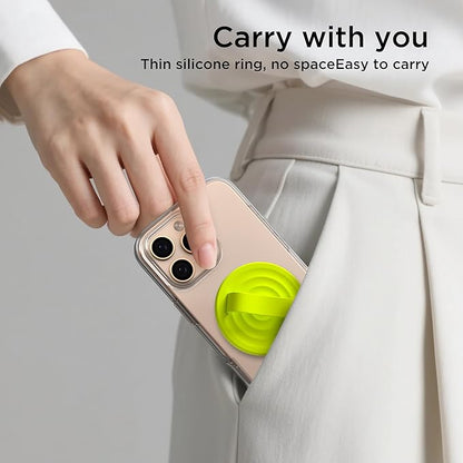 Magnetic Phone Ring Grip Holder, Silicone Finger Loop Grip, Compatible with MasSafe, Back of Phone for iPhone Pro Max/Plus/16/15/15/14/13/12 Series, Neon Yellow