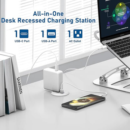 Desktop Power Grommet 2 Inch Hole, PD 30W USB C Fast Charging Station, Recessed Outlet, Ultra Thin Flat Plug Power Strip, Slim Extender, Table Outlets for Home, Office, 6ft Cord, White