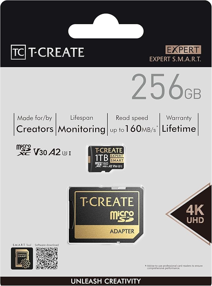 TEAMGROUP T-Create S.M.A.R.T A2 256GB Micro SDXC U3 V30 4K R/W Speed up to 160/150 MB/s High Speed Flash Memory Card for Creators, Compatible with GoPro, Insta360 TTCS256GIA2V3003
