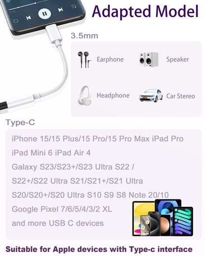 USB Type C to 3.5mm Female Headphone Jack Adapter 2 Pack, USB C to Aux Audio Dongle Cable Cord Compatible with iPhone 16 15 Series, S24/S23 Ultra, iPad Pro, MacBook, Pixel XL More Type-C Devices