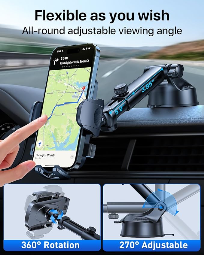 HTU [True Military-Grade] 2025 Upgraded Car Phone Holder 【Safety Certs & No Smell】 Cell Phone Holder for Car Mount for Dashboard Windshield Air Vent Long Arm Thick Case,Purple