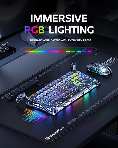 GravaStar Mercury K1 Pro Wireless Mechanical Gaming Keyboard, 75% Layout RGB Custom Keyboard, Hot-Swappable Linear Switches – Aluminum Alloy, Interstellar Silver Brushed Metal Look