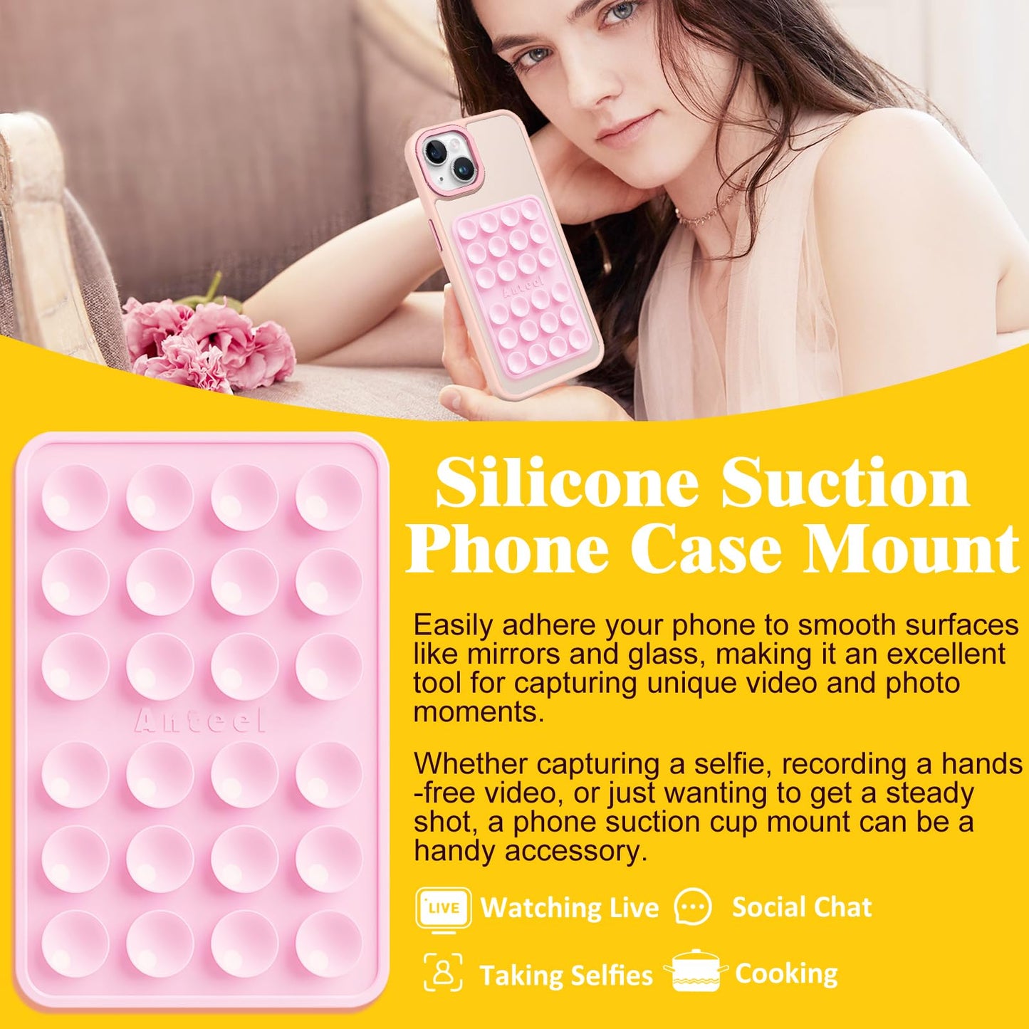 PKYAA Silicone Suction Phone Case Adhesive Mount, Upgraded Super Strong Grip, Durable, Easy to Use, Hands-Free Sticky Phone Holder for Selfies, Tiktok Videos, 2.56"x3.94" (LPK&LPK)