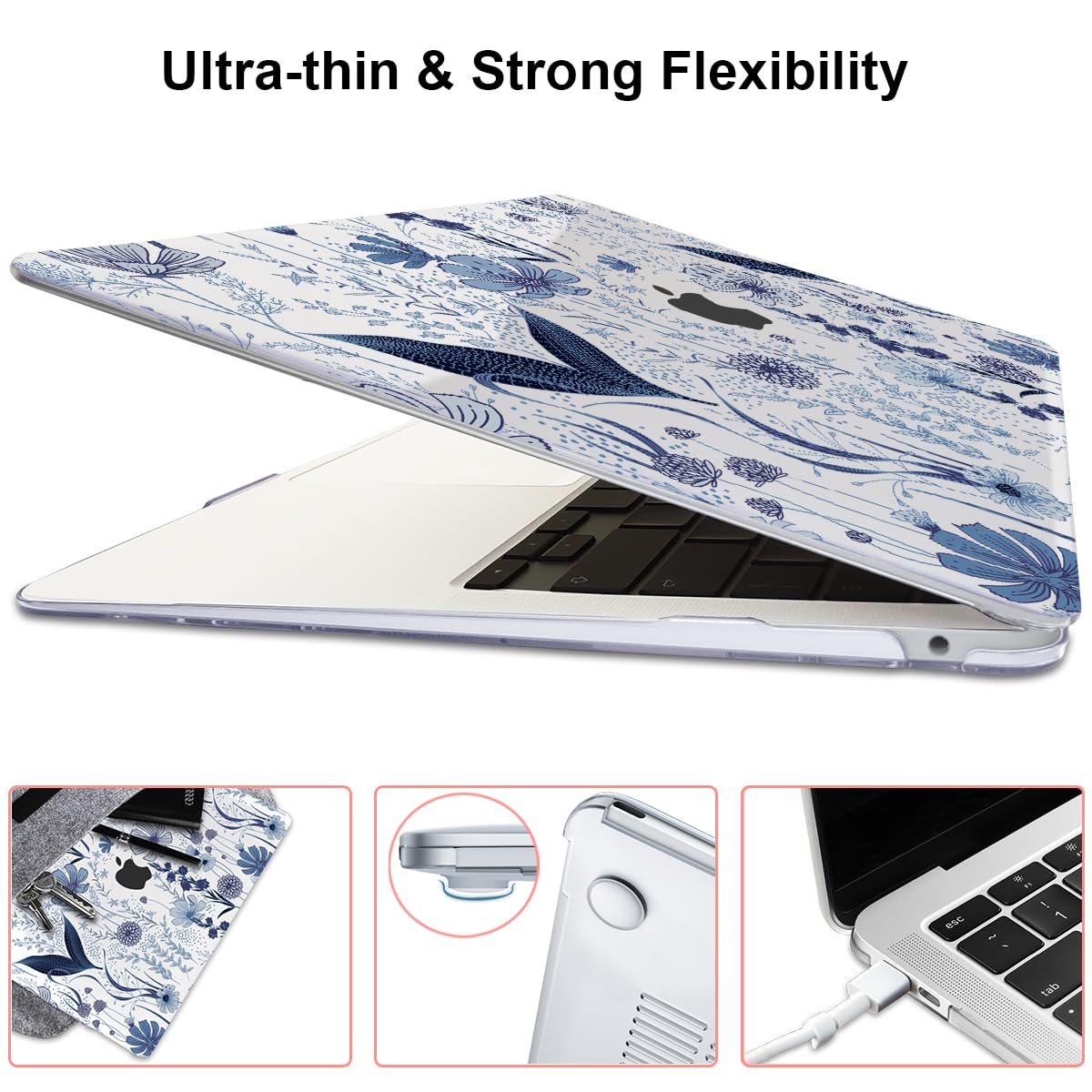 LCMOCICO for MacBook Pro 13 Inch Case 2022 2021 2020 Release A2338 M2 M1 A2251 A2289, Plastic Hard Shell Case for MacBook Pro 13.3 inch with Touch Bar & Touch ID, Navy Blue Wild Flowers