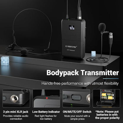 Phenyx Pro Dual UHF Wireless Microphone System，Auto-Scan Cordless Mic Set w/ 2x100 Frequencies, 2 Bodypacks & Headsets/Lapel Microphones for Speaking, Singing, Church, DJ (PTU-71-2B)