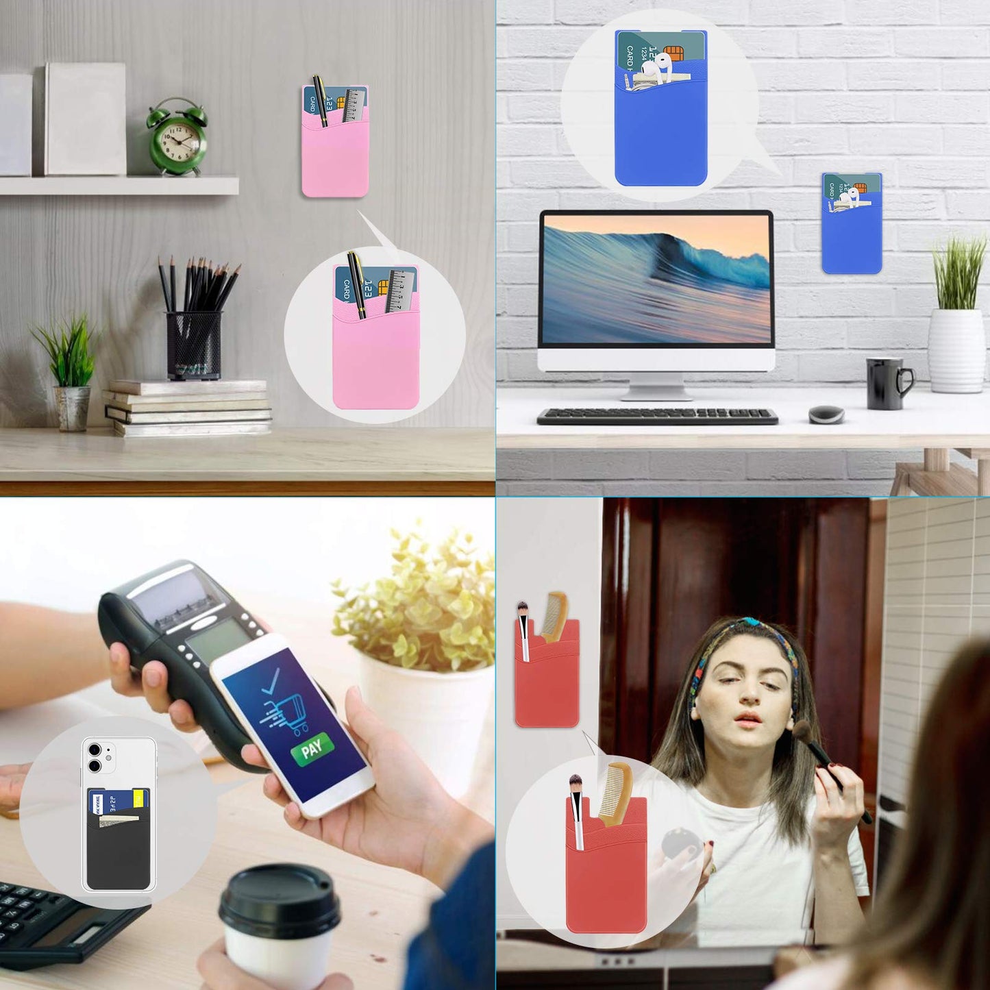 SS Card Holder for Back of Phone, Cell Phone Wallet Stick-on Credit Card Sleeve Pocket Silicone Pouch Compatible for iPhone, Samsung Galaxy and Most SamrtPhones 4 Pack