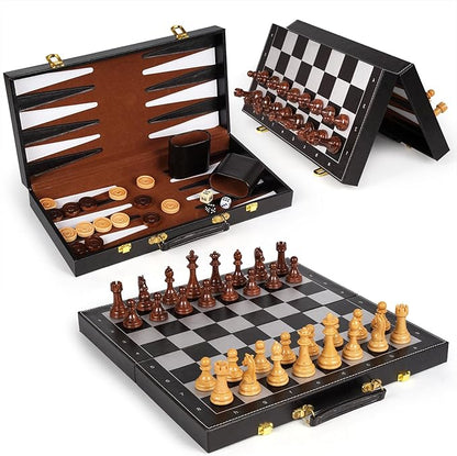 Chess Checkers Backgammon Set 3-in-1 Board Games Sets for Kids & Adults，15" Folding Magnetic Chess Set Leather Chess Board Strategy Game Portable Travel Chess Game with Magnetic Chess Pieces