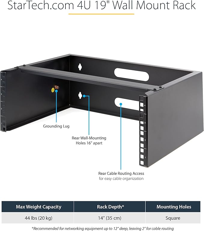 StarTech.com 4U Wall Mount Network Rack - 14 Inch Deep (Low Profile) - 19" Patch Panel Bracket & Server Rack Shelf - Universal Vented Cantilever Tray