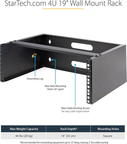 StarTech.com 4U Wall Mount Network Rack - 14 Inch Deep (Low Profile) - 19" Patch Panel Bracket & Server Rack Shelf - Universal Vented Cantilever Tray