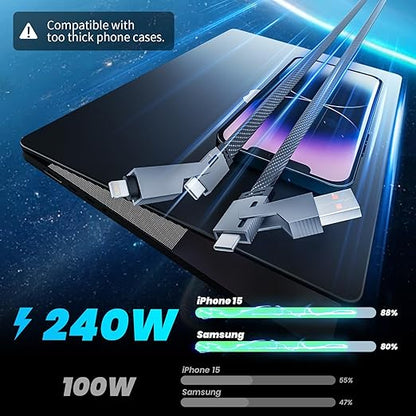 Travel Essentials 240W USB C Cable,4 in 1 Charging Cable Fast Charging Cords with E-Mark Chip,Multi USB Cable for iPhone 16 15 iPad MacBook Pro Air Samsung S25 Switch