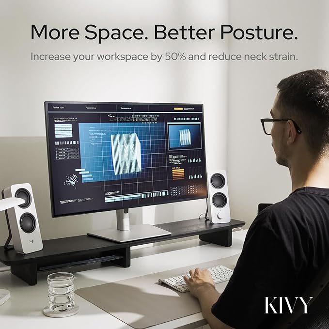 KIVY Dual Monitor Riser with Integrated Metal Shelf - Wooden desk shelf for top of desk - Wood monitor stand for desk 2 monitors / tv - Dual monitor stand riser for desk - Large walnut monitor stand