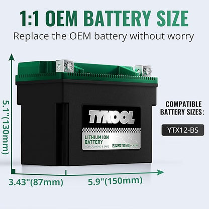 TYKOOL YTX12-BS STD LiFePO4 Lithium Motorcycle Battery,280CCA,2X Cranking Amps,Digital Readout,Compitable for BMW F850GS,Kawasaki Vulcan 900, BRP (Can-AM) DS250 ATV,Piaggio Vespa 300cc Scooter