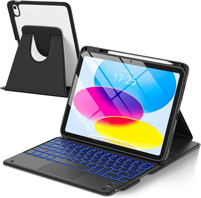 TaIYanG Touchpad for iPad A16 11th/10th Generation Case with Keyboard, 7 Color Backlit 360 Rotation Cover with Pencil Holder,Detachable Keyboard for iPad 11 inch 2025/10th Gen 10.9'' 2022 (Black)
