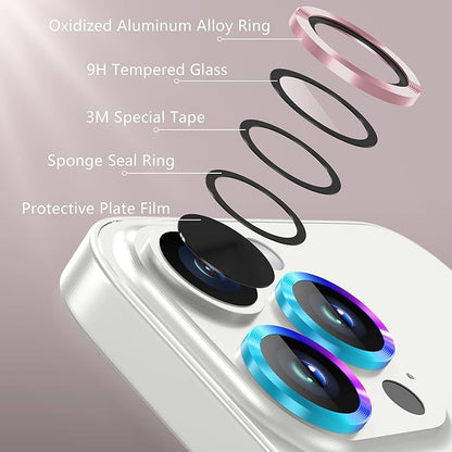 AGVEE 3+3 Camera Lens Protector for iPhone 15 Pro 6.1" / 15 Pro Max 6.7", Brushed Metal Ring 9H Tempered HD Glass Camera Protector Cover Film, Pink