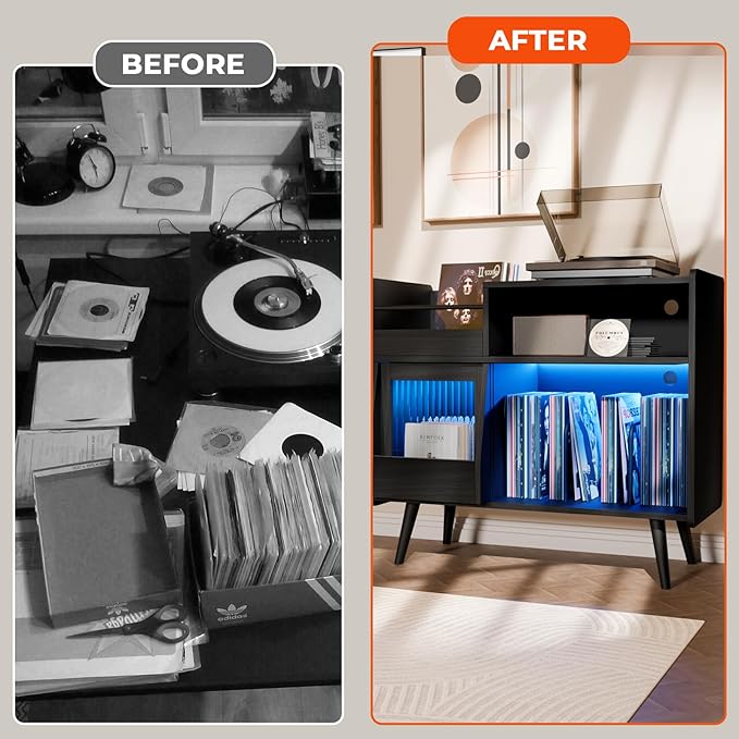 Large Record Player Stand with Sliding Door,350 Vinyl Record Storage Cabinet, Record Player Table with Power Outlet and LED Light,Turntable Stand with Wood Legs for Living Room,Bedroom,Office