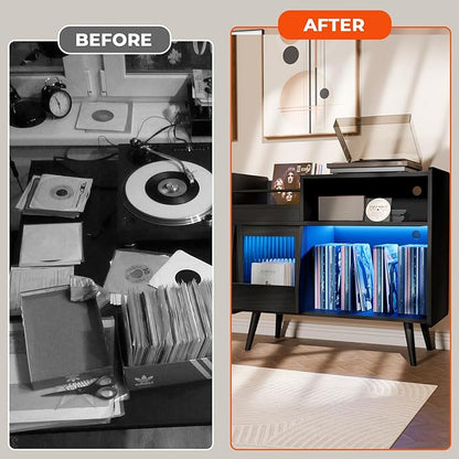 Large Record Player Stand with Sliding Door,350 Vinyl Record Storage Cabinet, Record Player Table with Power Outlet and LED Light,Turntable Stand with Wood Legs for Living Room,Bedroom,Office