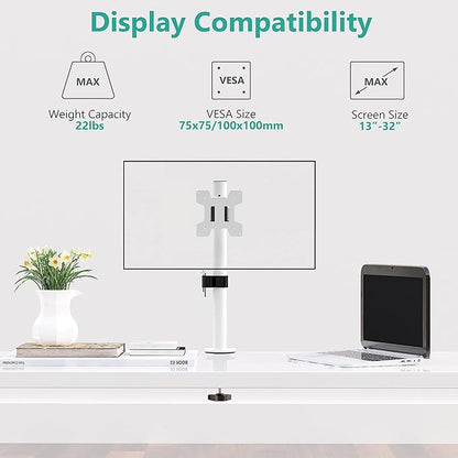 WALI Single Monitor Mount for 1 Computer Screen up to 32 inch, Fully Adjustable Monitor Arm Holds up to 22 lbs (M001S-W), White